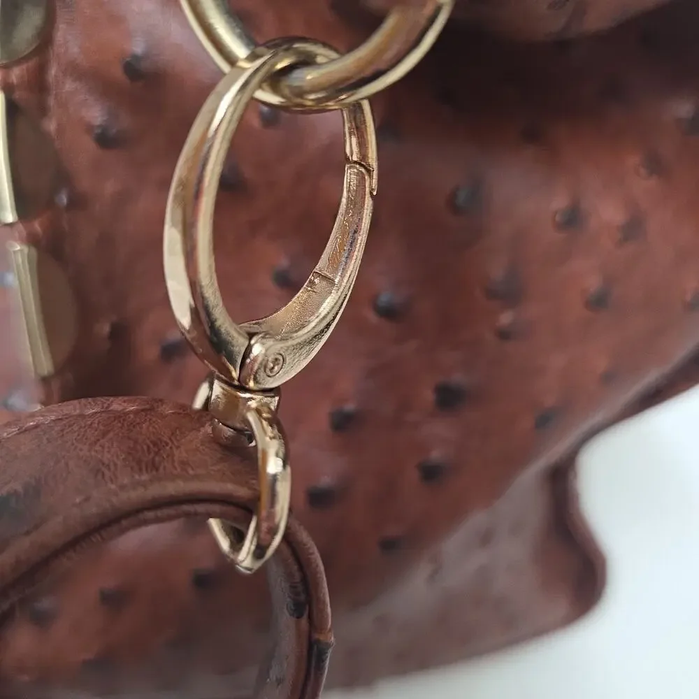 Imoshion Brown Ostrich Embossed Satchel Crossbody Large Bag Tassel Studded Purse